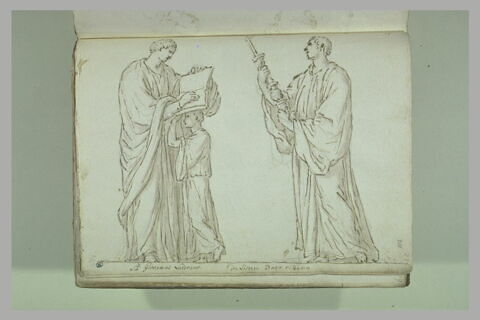 Un diacre, vu de profil vers la droite, lisant un ouvrage tenu par un..., image 2/2