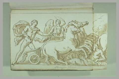 Un quadrige mené par un homme guidé par un génie ailé ; figure d'homme..., image 2/2