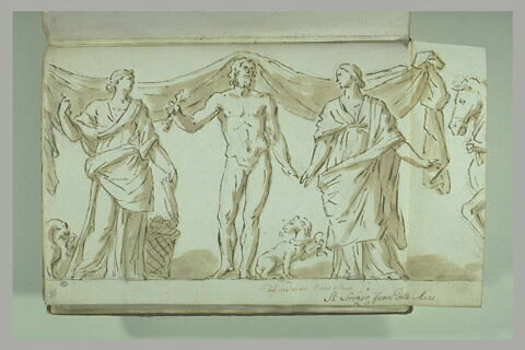 Deux femmes drapées entourant un homme tenant un foudre, image 2/2