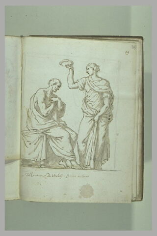 Un homme assis vu de profil vers la droite couronné par un femme drapée..., image 2/2