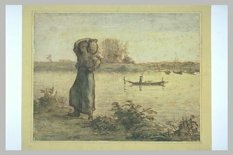 Femme portant une cruche sur l'épaule et remontant la berge d'une rivière