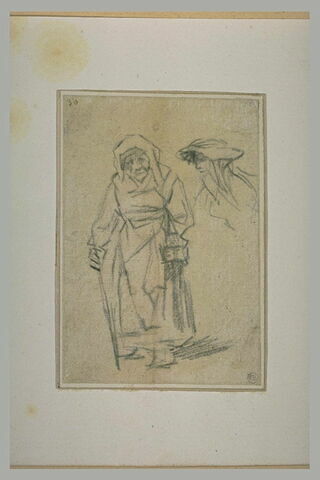 Vieille femme marchant à l'aide d'un bâton, et tête d'une autre figure, image 1/1
