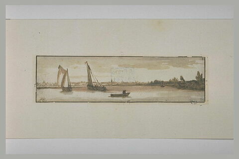 Une rivière avec deux sloops et un canot, avec une ville dans le lointain, image 1/1