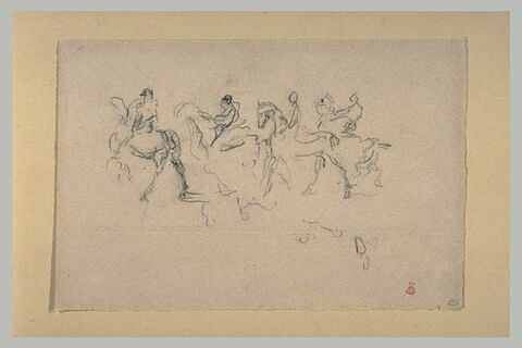 Croquis de quatre cavaliers se dirigeant vers la gauche, image 1/1
