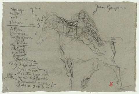 Ecuyère assise sur un cheval et compte manuscrit