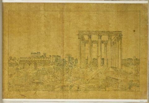 Vue d'un portique et du temple du Soleil , à Palmyre
