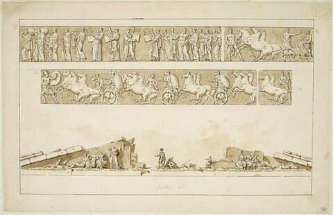 Parthénon, partie de la frise des Panathénées (cavaliers et partie de la procession) et fronton est, Athènes