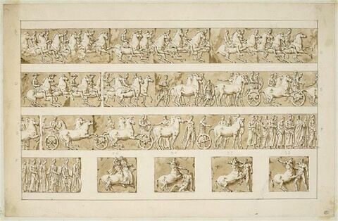 Parthénon, partie de la frise des Panathénées (cavaliers et défilé des chars) et quatre métopes de la façade sud (centauromachie), Athènes
