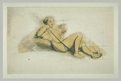 Femme nue, étendue, tenant une coupe de la main gauche