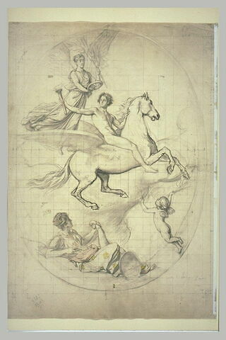 Un jeune homme nu, sur un cheval ailé couronné par une femme ailée