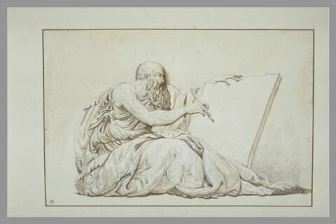Homme barbu, assis de profil, ecrivant, image 1/1
