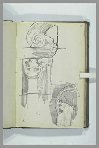 Eléments architecturaux avec motif de tête d'homme dans l'espace centré, image 1/1