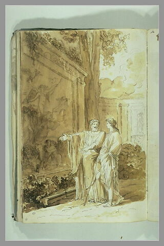 Deux figures auprès d'un bas-relief dans un jardin, image 2/3