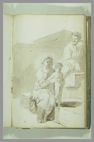 Femme tenant un enfant debout, un homme assis sur des marches, image 3/3