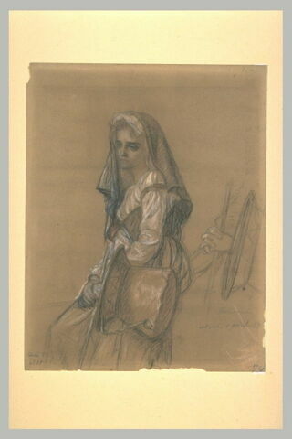 Paysanne italienne debout, portant un seau de cuivre, et étude de sa main, image 1/1