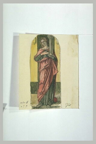Femme drapée, debout, présentant une colonne : sainte Bibiane (?)