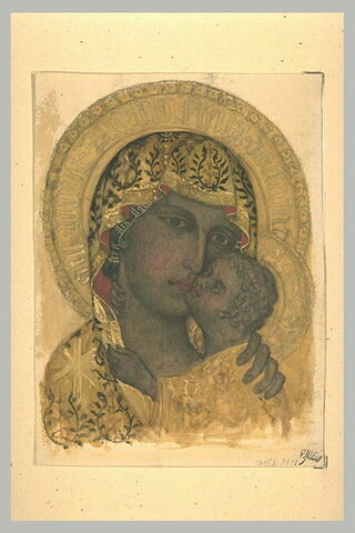 Vierge d'icône byzantine, nimbée d'or, serrant l'Enfant contre elle