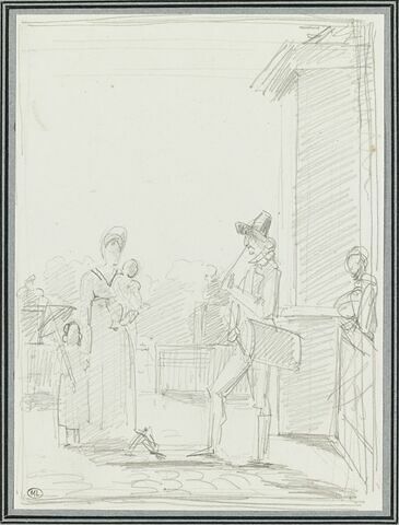 Une femme, deux enfants et un homme, sur une terrasse