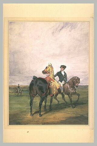 Garçon à cheval emmenant un cheval caparaçonné de bleu, jaune, rouge