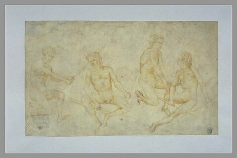 Quatre hommes nus, assis ou un genou en terre, rompant des bâtons