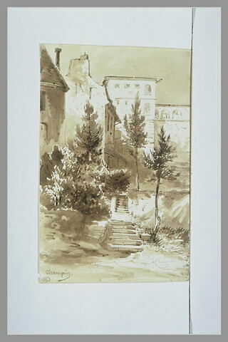 Un escalier entre des arbres, montant vers des maisons, à Charenton