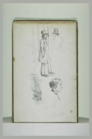 Deux figures portant un haut-de-forme ; tête de femme ; attelage, image 1/1