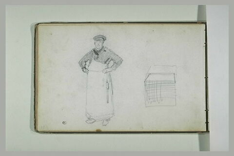 Homme portant un tablier : un boucher (?) ; caisse