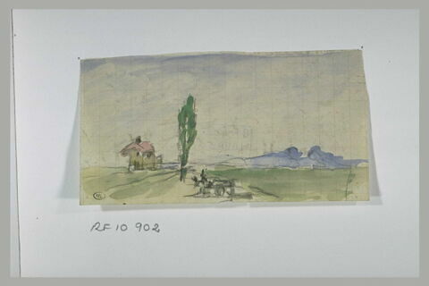 Paysage avec un attelage se dirigeant vers une maison précédée d'un arbre, image 1/1