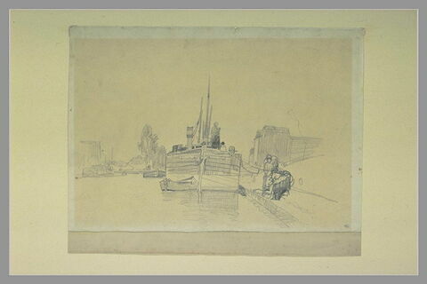 Péniche amarrée sur le quai d'un canal avec des figures, image 1/1
