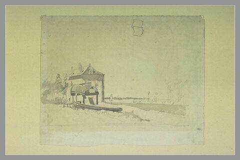devant une maison, une barque de pêche retournée, sur pilotis, séchant, image 1/1