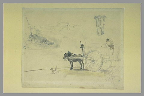Un attelage, plusieurs études de chevaux, un paysan dormant dans le foin, image 1/1