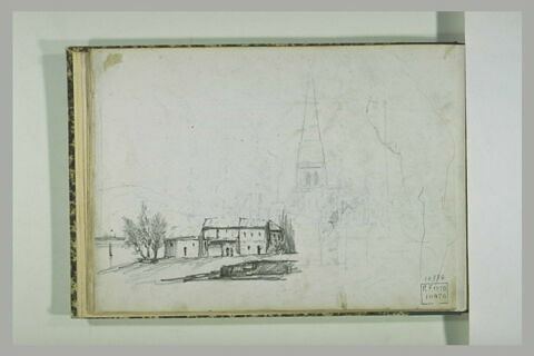 Maisons au bord d'une rivière ; une église ; corps de femme, image 1/1