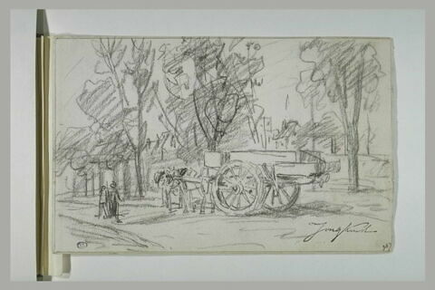 Une charrette attelée et deux hommes sur une place bordée d'arbres, image 1/1