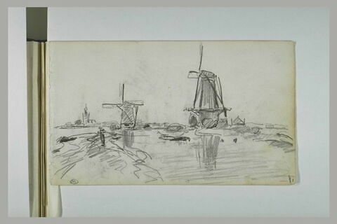 Deux moulins à vent au bord d'une rivière, image 1/1