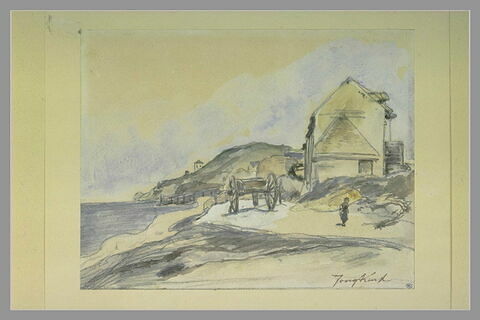 Chemin en bord de mer, bordé d'une maison, avec une charrette et un enfant, image 1/1