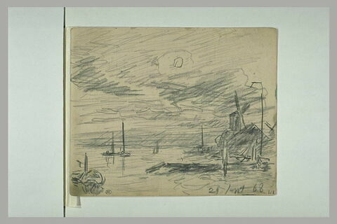 Au bord d'une rivière ou de la mer, à droite, moulin à vent, image 1/1