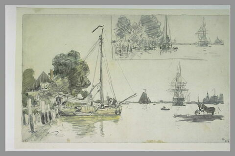 Bateaux sur un large canal, et petite étude de la même composition, image 2/2