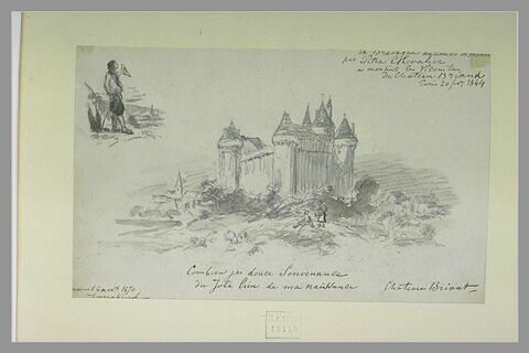 Vue d'un château féodal, et petite étude d'un homme saluant, image 1/1