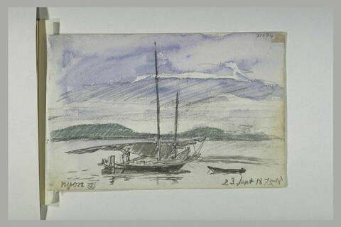 Barque aux voiles abaissées, sur un lac, image 1/1