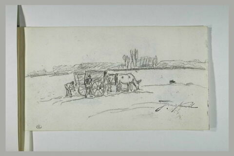 Paysage avec deux hommes près de vaches attelées à une charrette, image 1/1