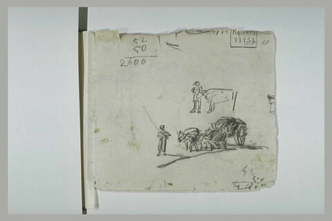 Figure guidant des boeufs attelés à un char ; figure et vache ; annotation, image 1/1