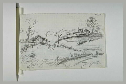 Paysage avec deux buttes couronnées de constructions et d'arbres, image 1/1