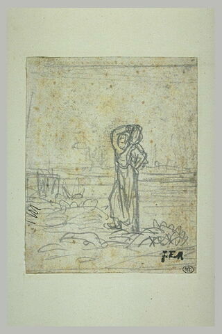Femme portant une jarre sur l'épaule dans la campagne, image 1/1