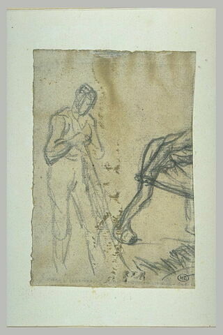 Homme appuyé sur un bâton et fragment d'un homme se baissant, image 1/1