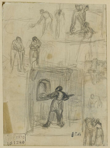 Feuille d'études de plusieurs personnages dont deux boulangers, image 1/2