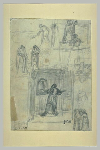 Feuille d'études de plusieurs personnages dont deux boulangers, image 2/2