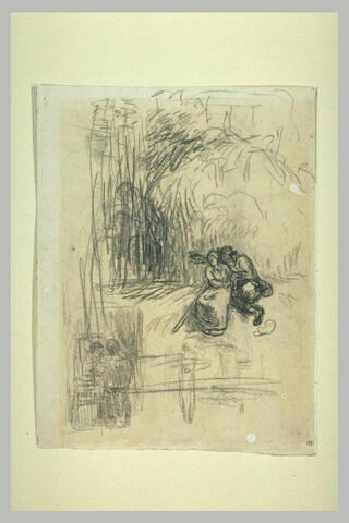 Couple assis dans un paysage ; femme se regardant dans un miroir, image 1/1