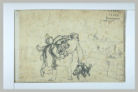 Sur un quai, un homme portant deux enfants avec un chien, image 1/1
