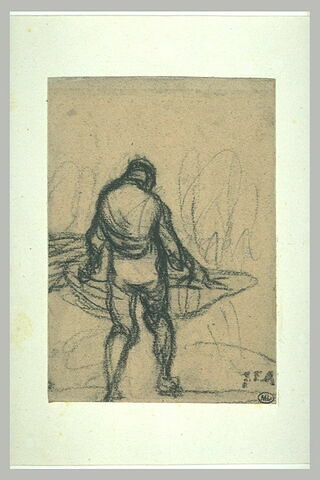 Homme de dos portant une grande corbeille, image 1/1
