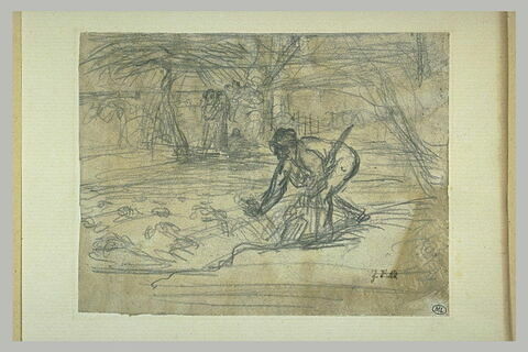 Homme courbé dans un champ, tenant une pelle, image 1/1